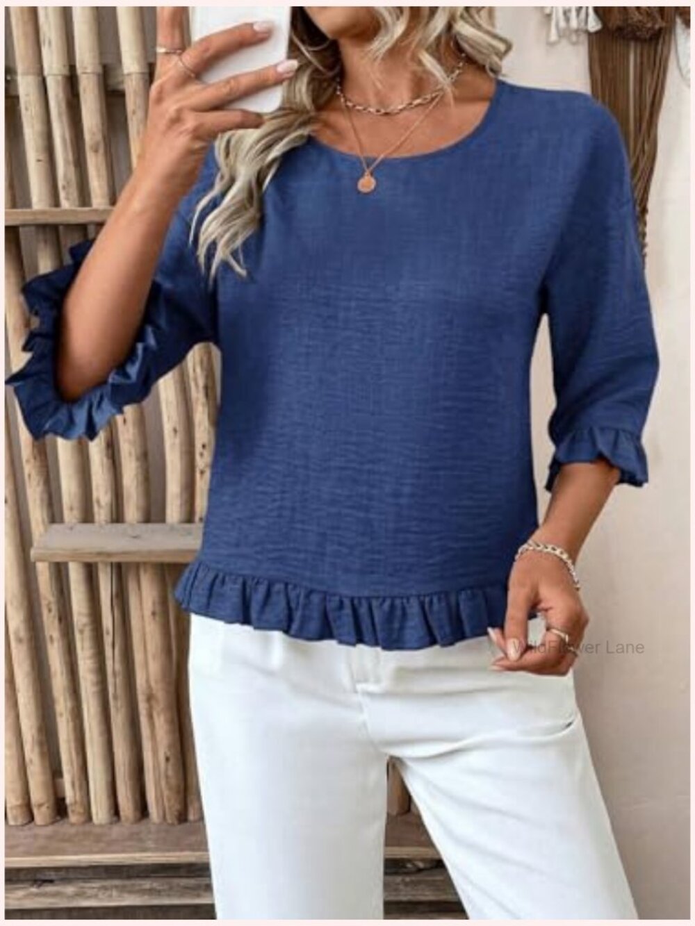 Ruffle 3/4 Sleeve Linen Blend Blouse Crew Neck Drop Shoulder Dressy Casual - Picture 5 of 5